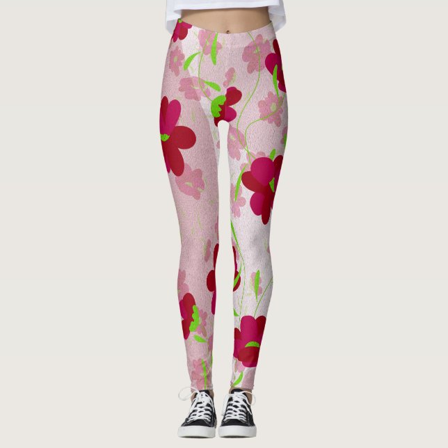 Rosa och Röda blommor - Blommigt Leggings (Framsida)