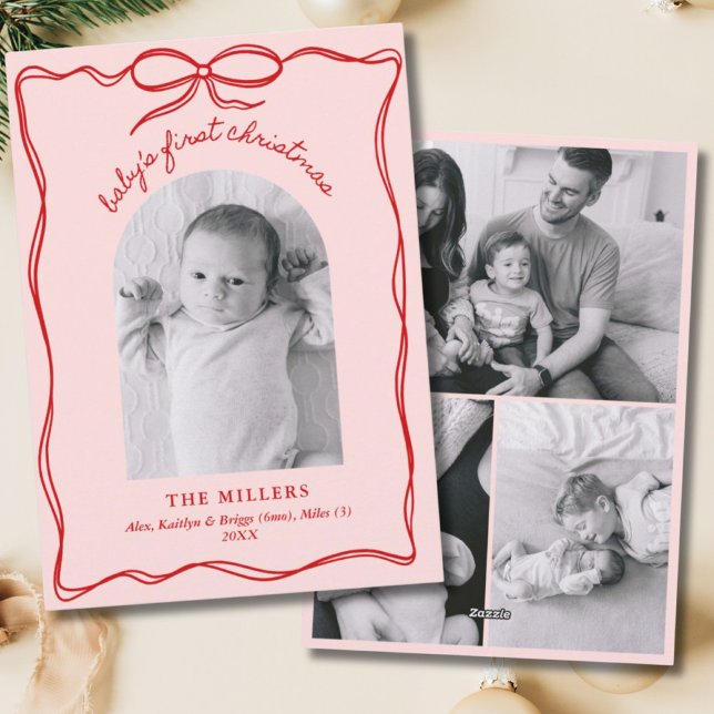 Rosa och Röda farmaceutiska Babyen 1 jul Julkort (Pink & Red Grandmillennial Baby's 1st Christmas Holiday Card)
