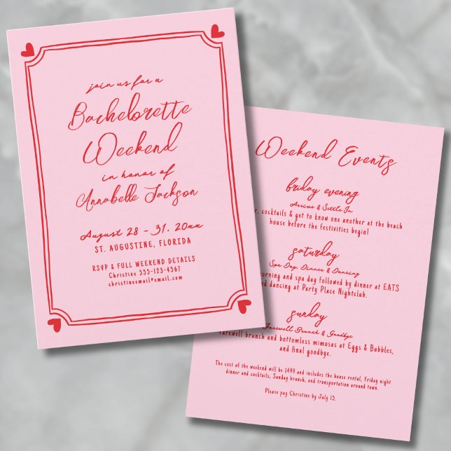 Rosa och röda flickor Helg Itinerary Bachelorette Inbjudningar (Pink And Red Girls Weekend Itinerary Bachelorette Invitation)