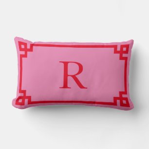 Rosa och Röda grekiska Nyckel Monogram Lumbarkudde