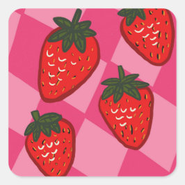 Rosa och röda handritade jordgubbsrandiga fyrkantigt klistermärke