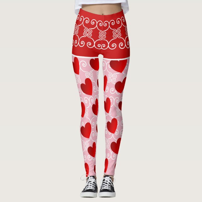Rosa - och röda hjärt - och Rulla - skinn Leggings (Framsida)