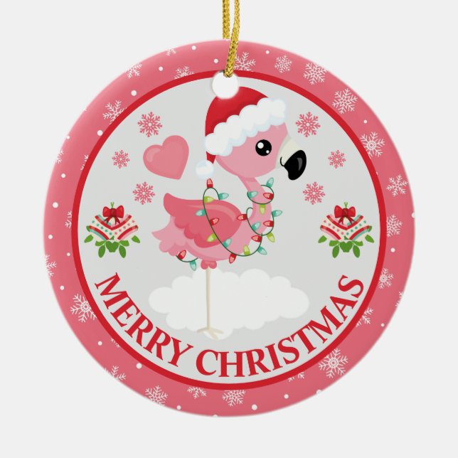 Rosa och Röda Julflamingo Vinter Julgransprydnad Keramik (Framsidan)