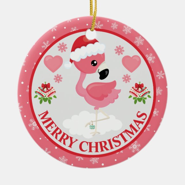 Rosa och röda julflamingo vinter julgransprydnad keramik (Framsidan)