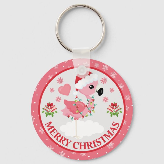 Rosa och röda julflamingo vinter nyckelring (Framsida)