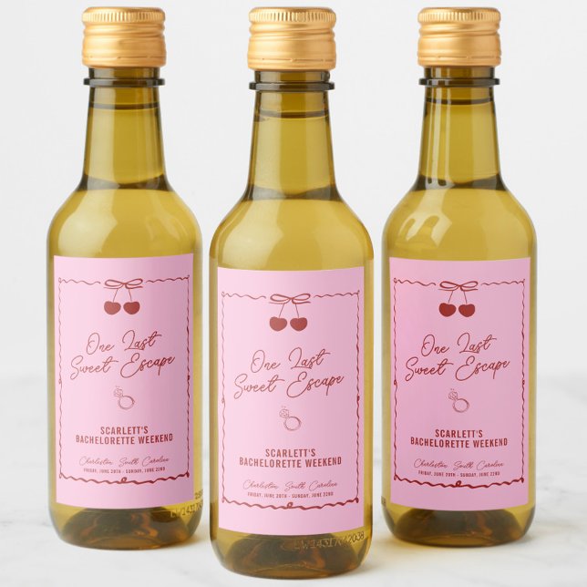 Rosa och röda körsbär Henfest Weekend Mini Vinetikett (One Last Sweet Escape mini wine labels, bachelorette party favors, red, pink, personalized, chic)