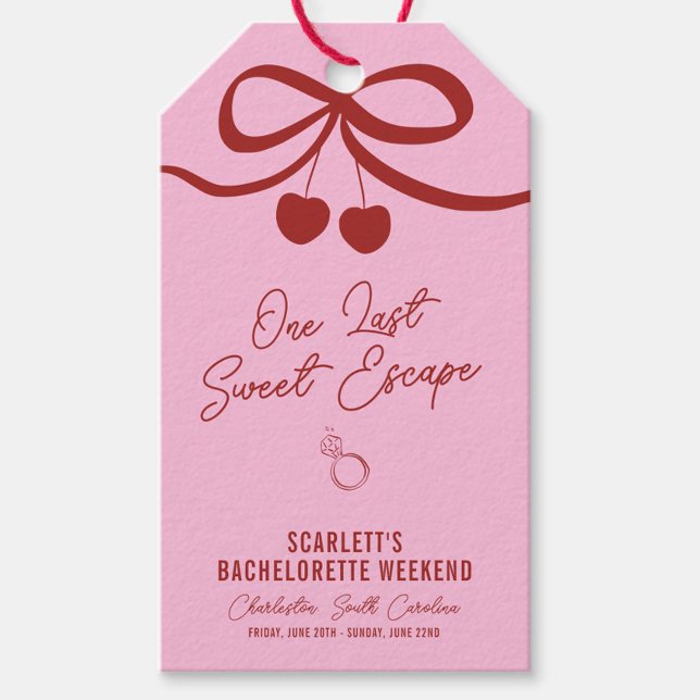 Rosa och röda körsbärsfärgad möhippa-helg presentetikett (One Last Sweet Escape gift tags, perfect for favors, with names on the back for a special touch)
