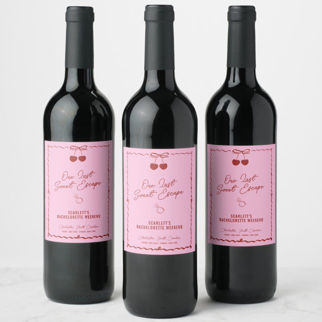 Rosa och röda körsbärsfärgad möhippa-helg vinflaska etikett (One Last Sweet Escape wine label—perfect for a chic red and pink bachelorette weekend celebration!)