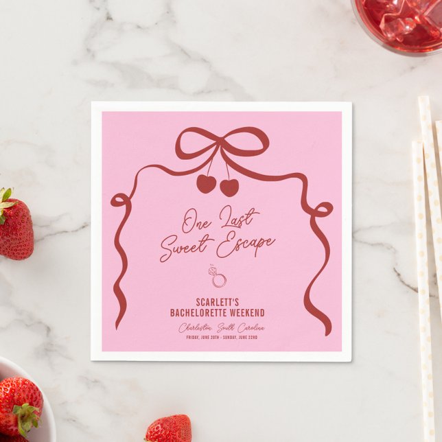 Rosa och röda körsbärsmöhippa-helg pappersservett (One Last Sweet Escape cocktail napkins, perfect for a chic red and pink bachelorette party weekend!)