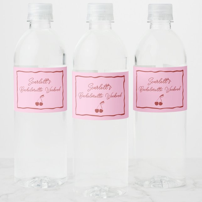 Rosa och röda körsbärsmöhippa-helg vattenflaskor etikett (One Last Sweet Escape water bottle labels, bachelorette, party favors, red, pink, personalized, chic)