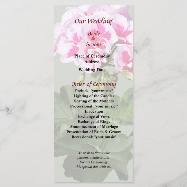 Rosa och röda pelargonia bröllopsprogram program (Framsida)