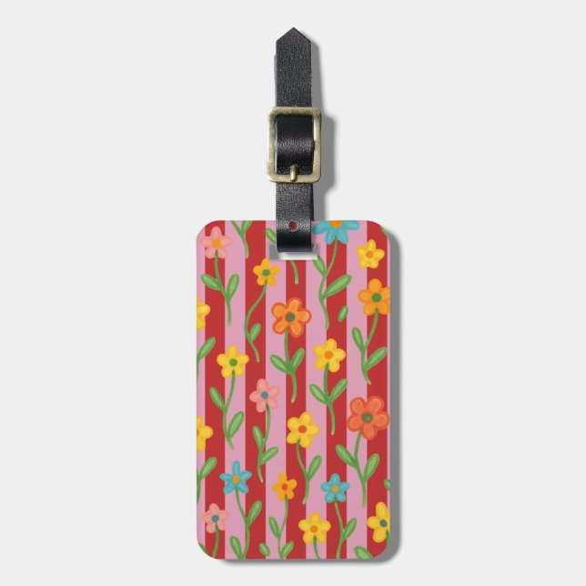 Rosa och röda ränder med färgglada blommor bagagebricka (Vertikal Framsida)