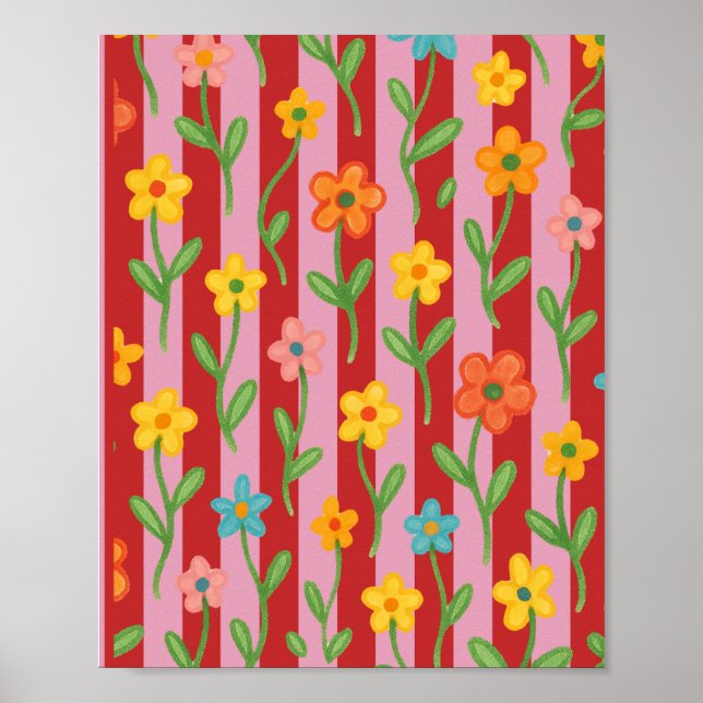 Rosa och röda ränder med färgglada blommor poster (Framsidan)