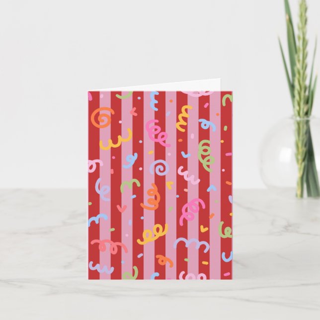 Rosa och röda ränder, med konfettidesign  kort (Framsida)