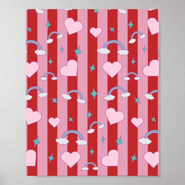 Rosa och röda ränder med regnbågar och hjärtan poster (Framsidan)