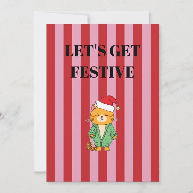 Rosa och röda randiga julkatt inbjudningar (Framsida)
