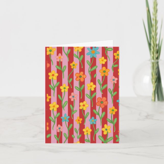 Rosa och röda randiga kort med färgglada blommor (Framsida)