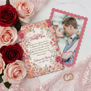Rosa och röda romantiska ros vårblommig bröllop tack kort