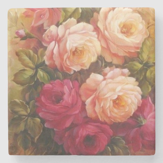Rosa och röda rosor finkonst stenunderlägg (Framsidan)