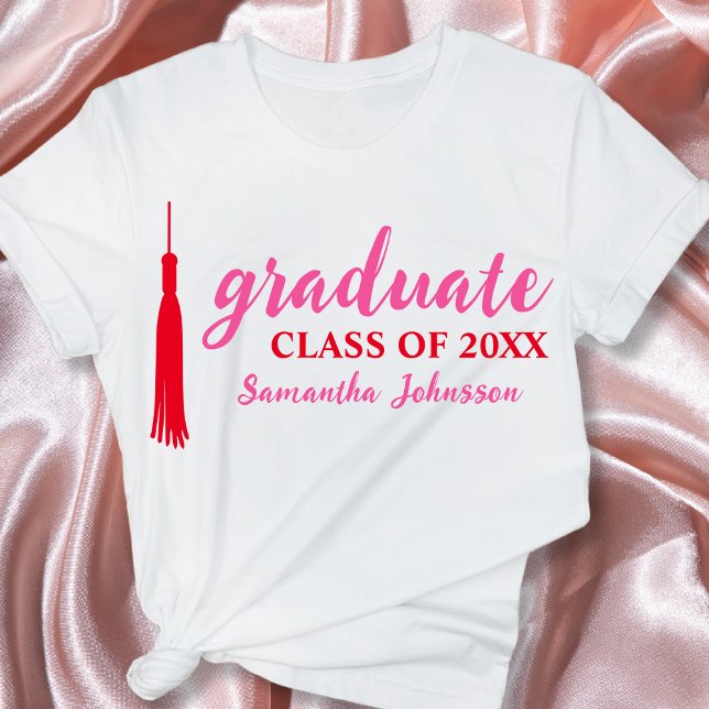 Rosa och Röda Student Namn 2024 Studenten T Shirt (Pink & Red Graduate Name 2024 Graduation T-Shirt)