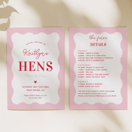 Rosa och Röda Vågigt Hen Helg Party Inbjudningar