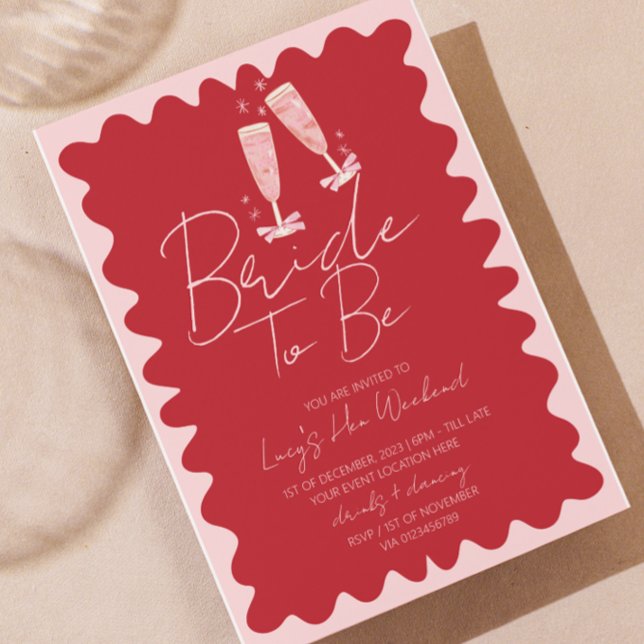 Rosa och Röda våningen Bachelorette Helg Itinerary Inbjudningar (red pink retro wavy border hen weekend itinerary invite)