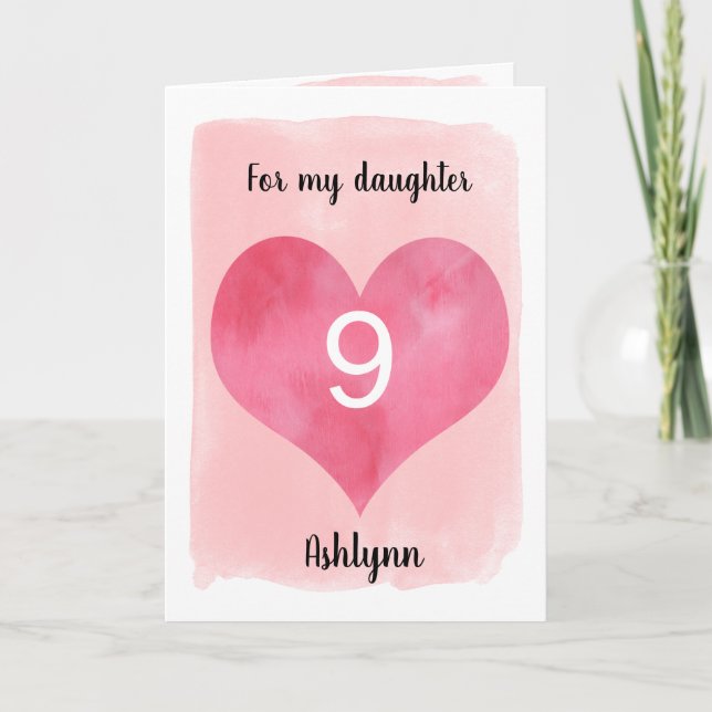 Rosa och Röda vattenfärger Hjärt9:e födelsedagskor Kort (Framsida)