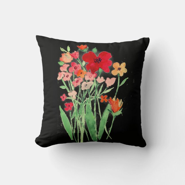 Rosa och röda vildblommor på svart kastkudde kudde (Framsida)
