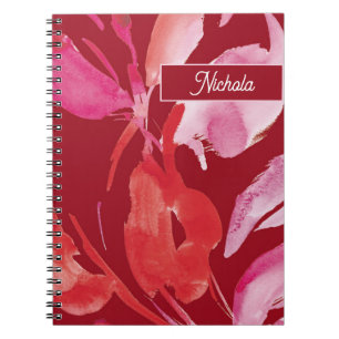 Rosa och rödbotaniskt vibrant vattenfärgsdesign anteckningsbok