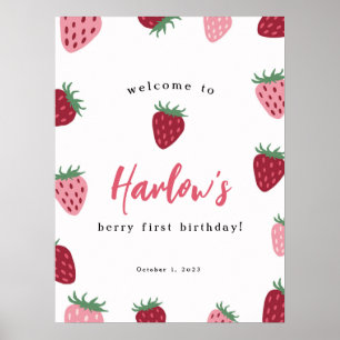Rosa och rödjordgubbsberry - första födelsedag poster