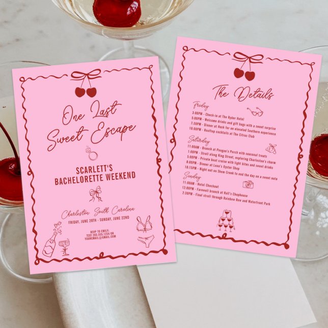 Rosa och rödkörsbär Bachelorette Helg Itinerary Inbjudningar (Pink and Red Cherry Bachelorette Weekend Itinerary, Bows, Hand Drawn, Girls Trip, Bachelorette Party)