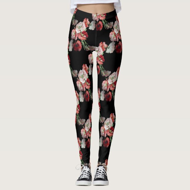 Rosa och rödpoppies Mönster Anpassningsbar Leggings (Framsida)