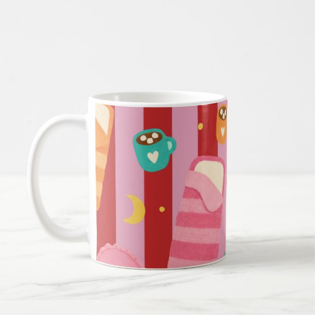 Rosa och rödrandig mugg med pyjamasparty-mönster (Vänster)