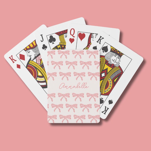  rosa och rödstrimmig kokvett casinokort (Girls blush pink coquette striped bow playing cards with script first name. Address to reverse.)
