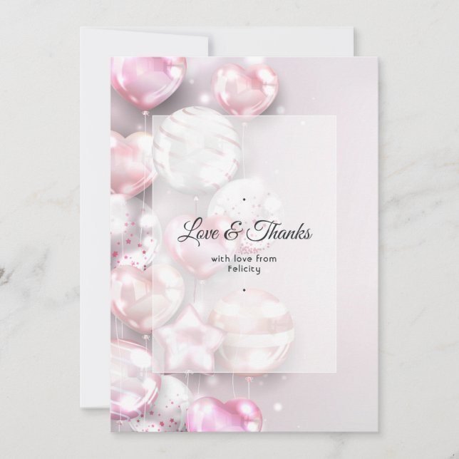 Rosa och roséguld ballonger tack kort (Framsida)