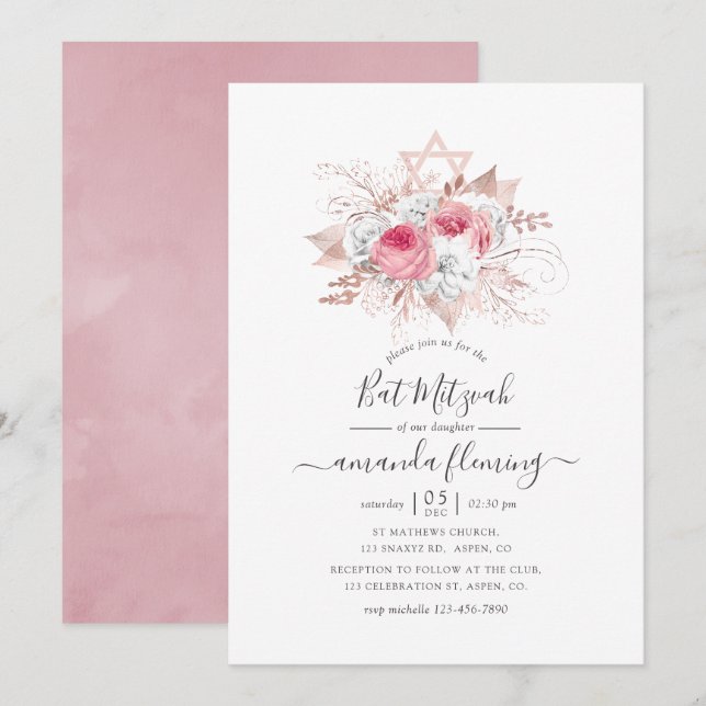 Rosa och roséguld Blommig Bat Mitzvah Inbjudningar (Fram/baksida)