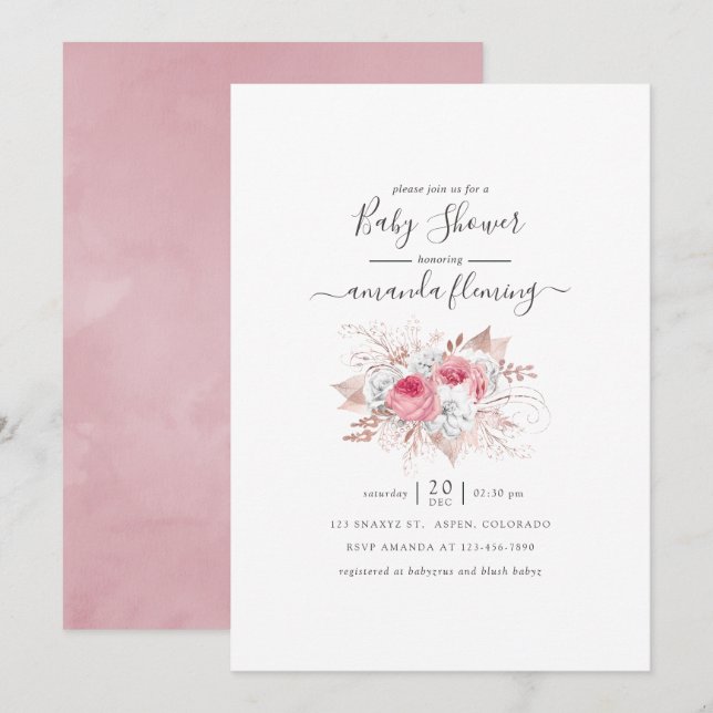 Rosa och roséguld Blommig Bebisbyte Inbjudningar (Fram/baksida)