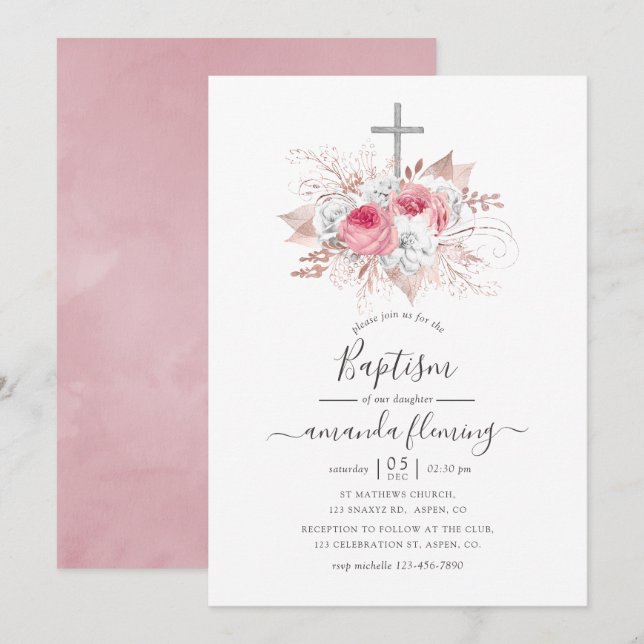 Rosa och roséguld blommig dopceremoni inbjudningar (Fram/baksida)