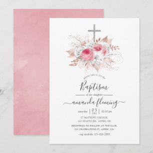 Rosa och roséguld blommig dopceremoni inbjudningar