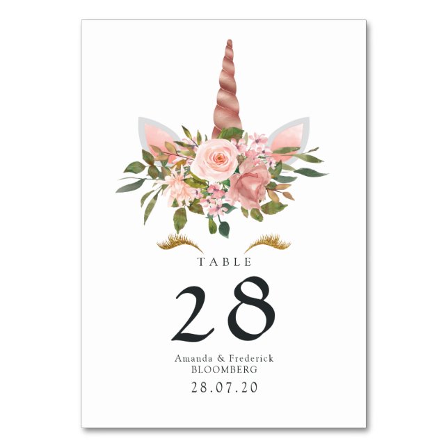 Rosa och Roséguld Blommig Enhörning Babykalas Bordsnummer (Framsidan)