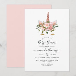 Rosa och Roséguld Blommig Enhörning Babykalas Inbjudningar