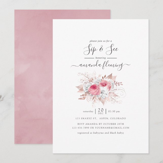 Rosa och roséguld blommig Sip and See-inbjudan Inbjudningar (Fram/baksida)