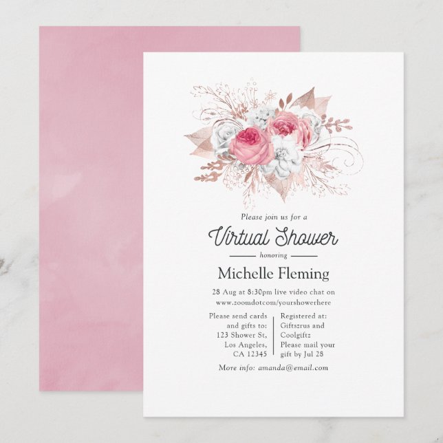 Rosa och roséguld Blommig Virtuell Bebis Shower Inbjudningar (Fram/baksida)