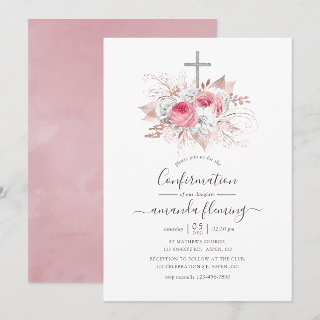Rosa och roséguld blomsterkonfirmation inbjudningar (Fram/baksida)