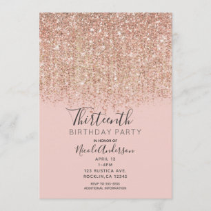 Rosa och roséguld glitter födelsedagsfest inbjudningar