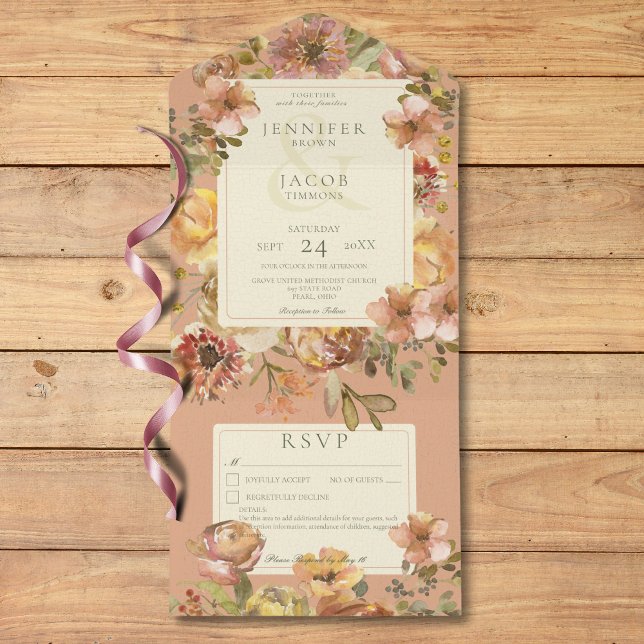  Rosa- och roteringsinformation för vintage Blommi (Vintage Floral Blush Pink & Rust Details Wedding All In One Invitation)