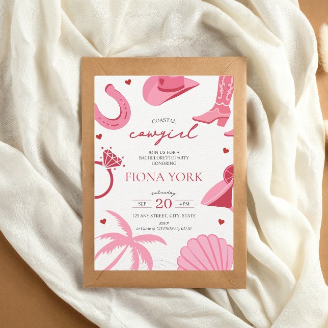 Rosa och rött Bachelorette Inbjudningar (Coastal Cowgirl Bachelorette Party Invitation)