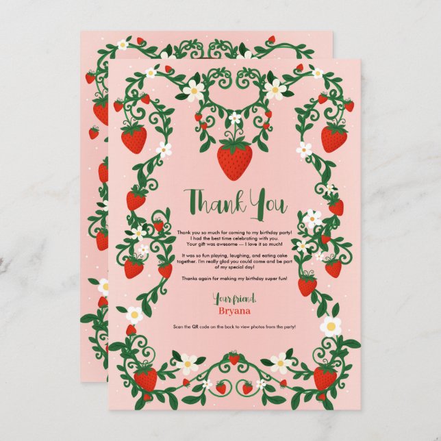 Rosa och rött Blommigt Vines Strawberry Cute Tack Inbjudningar (Fram/baksida)