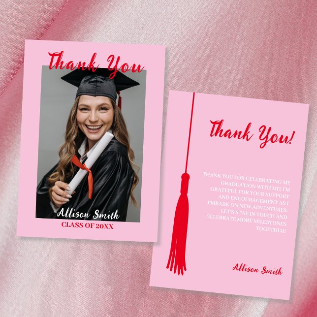 Rosa och rött feminininfoto Studenten Tack Kort (Pink & Red Feminine Photo Graduation Thank You Card)