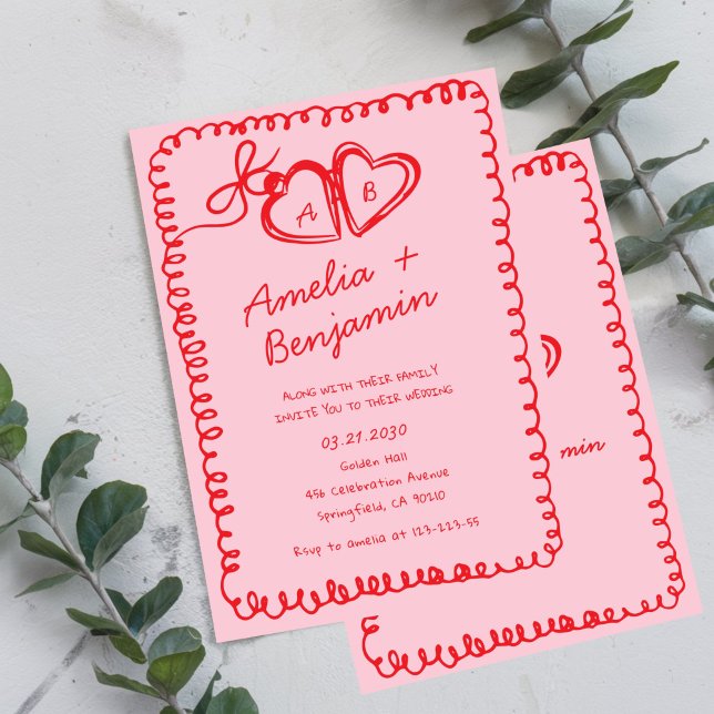 rosa och rött handritat hjärta Whimsical Bröllop Inbjudningar (Skapare uppladdad)
